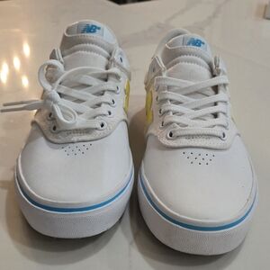 New Balance Men’s White Sneakers Size 8 | Blue & Yellow Accents | Athletic